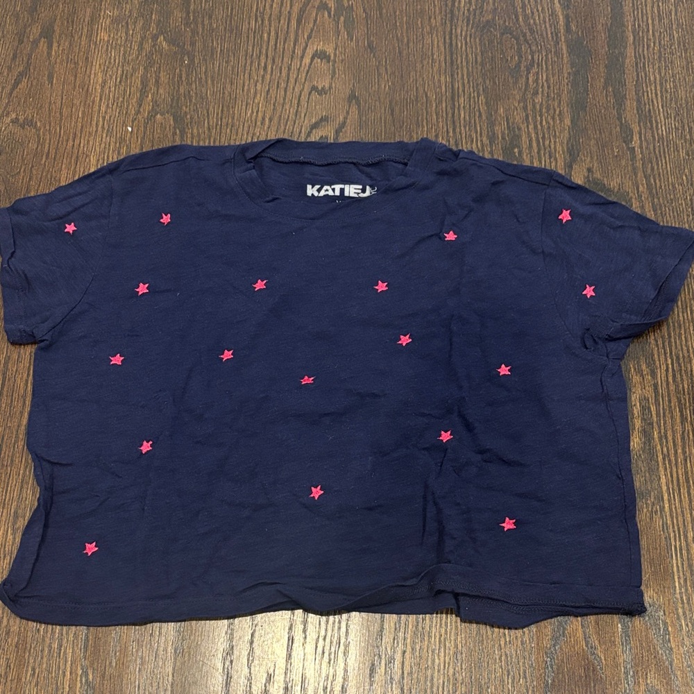 Katie J NYC Girl’s Navy Tee with Pink Stars Size XL